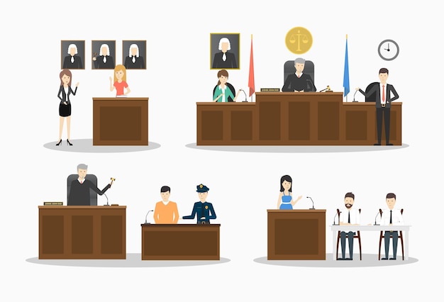 Free Vector court illustrations set lawyers and witnesses judje and police on white background