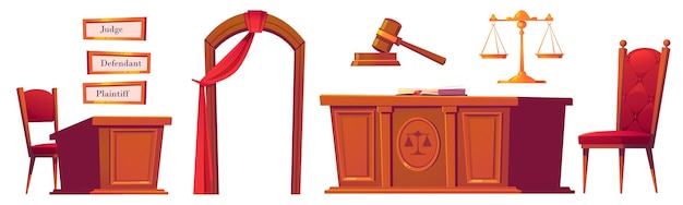 Free Vector courtroom objects set, wooden gavel, desk with scales and chairs, arch with red curtain, and plates for judge