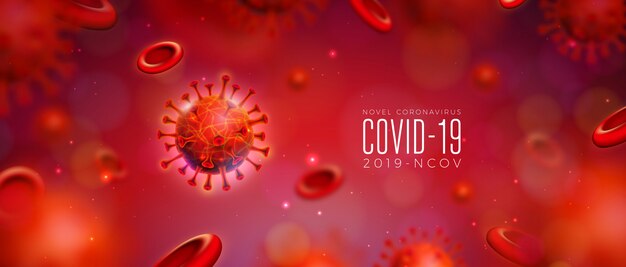 Covid-19. Coronavirus Outbreak Design with Virus and Blood Cell in Microscopic View on Abstract Background.