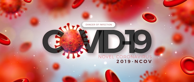 Covid-19. Coronavirus Outbreak Design with Virus and Blood Cell in Microscopic View on Shiny Light Background. 2019-ncov Corona Virus Illustration on Dangerous SARS Epidemic Theme for Banner.