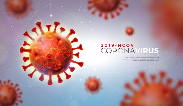 Covid-19. Coronavirus Outbreak Design with Virus Cell in Microscopic View on Shiny Light Background.  2019-ncov Illustration Template on Dangerous SARS Epidemic Theme for Promotional Banner.