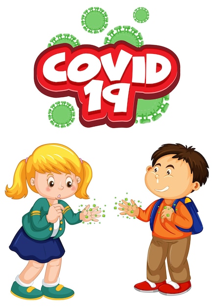 Covid-19 font in cartoon style with two kids do not keep social distance isolated on white