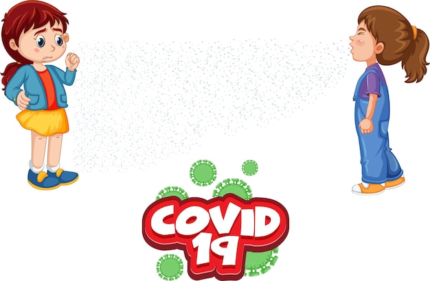 Covid-19 font design with two kids keeping social distance isolated on white background