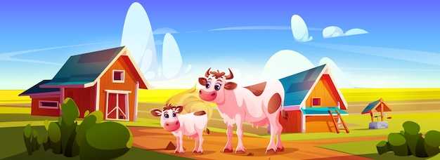 Free vector cow and calf in farm field