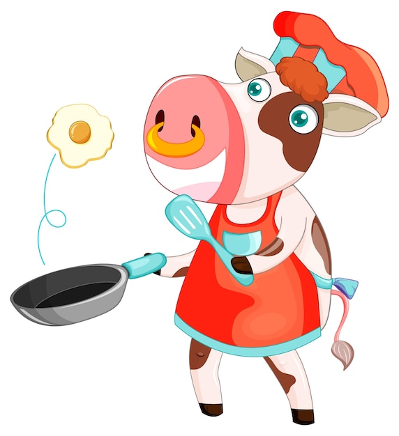 Cow cartoon character cooking breakfast