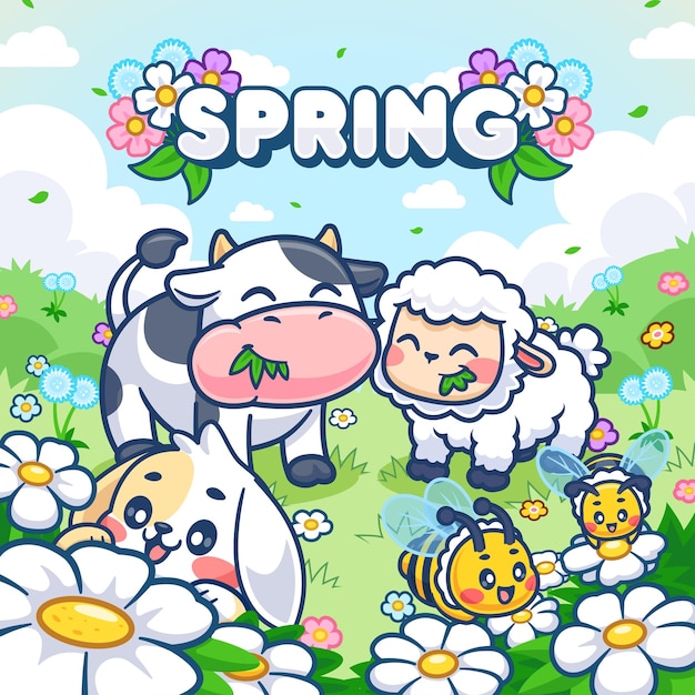 Free vector cow sheep dog and bee spring season cartoon vector icon illustration animal nature isolated flat