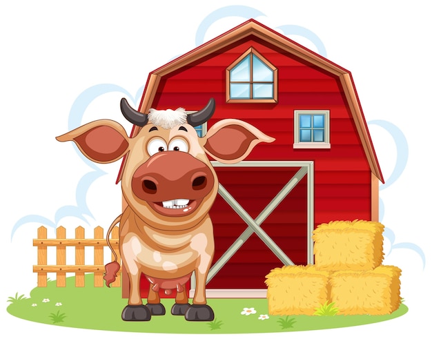 Free Vector cow with barn in cartoon style