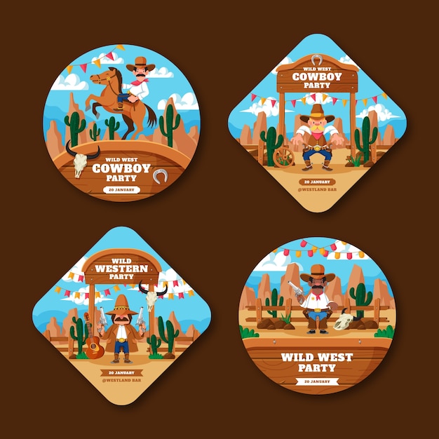 Free Vector cowboy party event badges collection