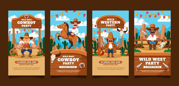 Free Vector cowboy party event instagram stories collection