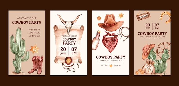 Free Vector cowboy party event instagram stories collection