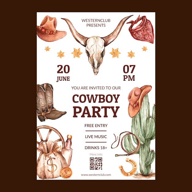 Free vector cowboy party event invitation template