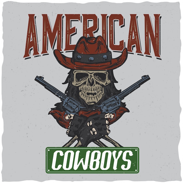 Free Vector cowboy t-shirt label design with illustration of skull ath the hat with two guns at the hands.