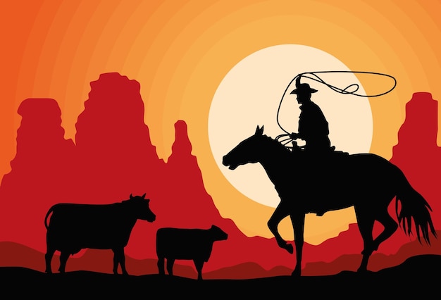 cowboy with cows silhouette scene