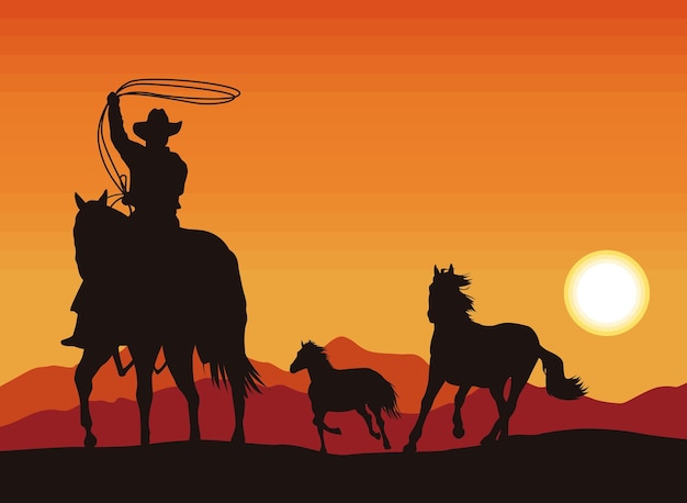 Free Vector cowboy with horses silhouette scene