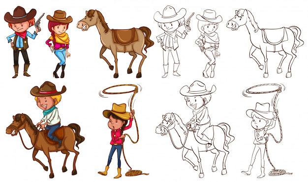 Free Vector cowboys and horses in colors and line illustration