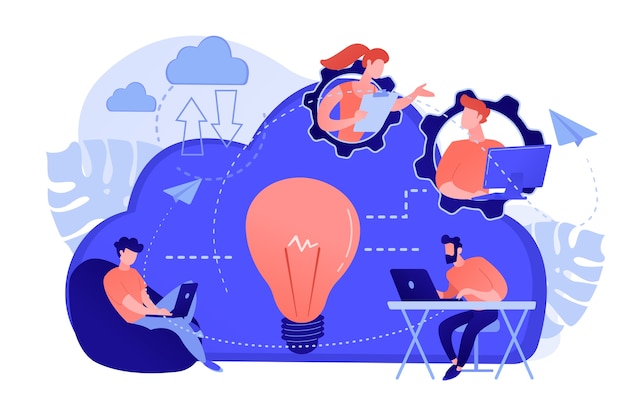 Coworking team of users connected by cloud computing and light bulb. Online collaboration, remote business management, wireless computing service concept. Vector isolated illustration.