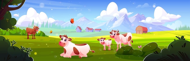 Free vector cows grazing in summer mountain meadow