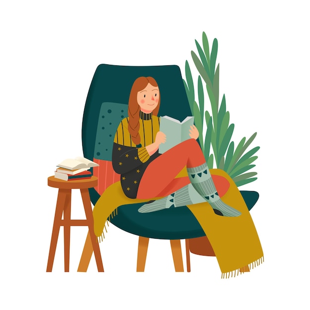 Cozy home composition with character of girl in warm clothes reading book in lounge chair illustration