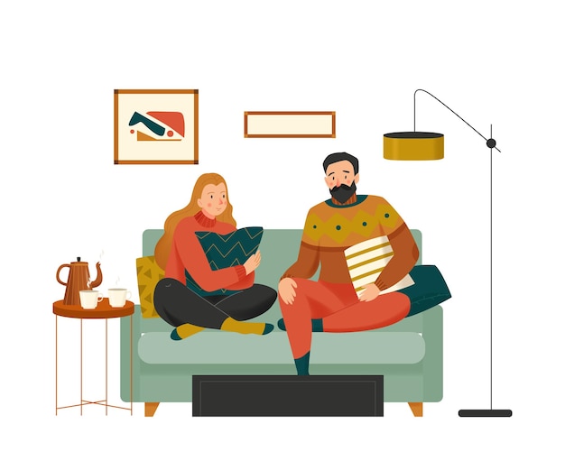 Free Vector cozy home composition with home interior with pillows and couple relaxing on sofa of vector illustration