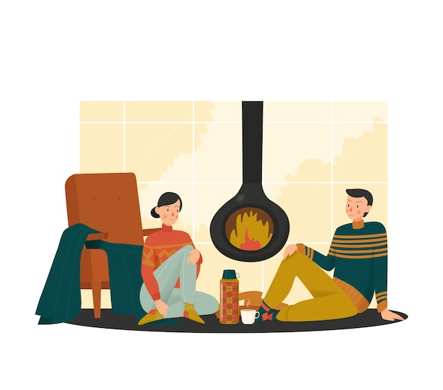 Free Vector cozy home composition with view of loving couple sitting at fireplace illustration