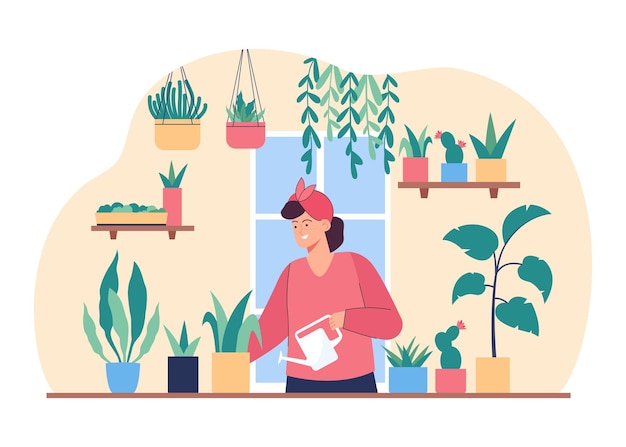 Free Vector cozy home interior with woman watering green houseplants. lady taking care of cute garden, plants on table flat vector illustration. gardening, plants concept for banner or landing web page