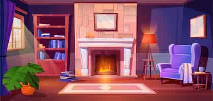 Free vector cozy living room interior with flame in fireplace