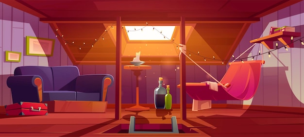 Cozy room on attic with hammock, sofa and window in roof. Vector cartoon interior of mansard for relax and recreation, garret lounge with book shelf, garland and wine bottles