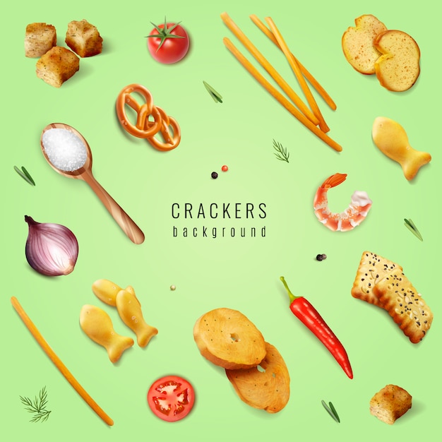 Crackers and snacks with different forms and flavoring additives on green background realistic  illustration