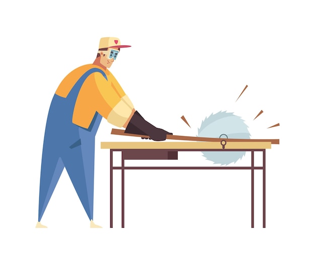 Free Vector craftsman composition with isolated view of male lumberjack sewing saw timber on desk vector illustration