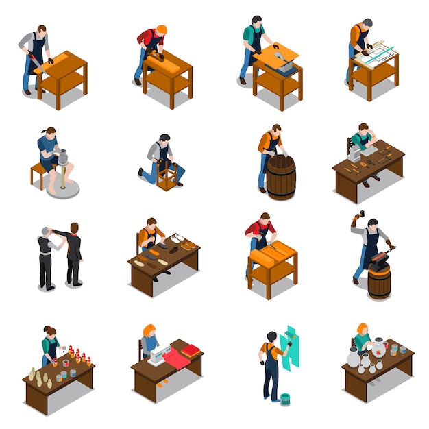 Free Vector craftsman isometric icons set 