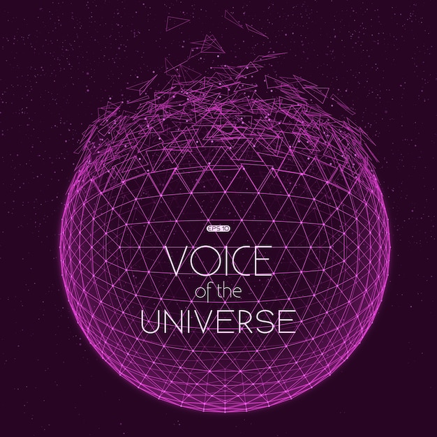 Free vector crashing violet space sphere. abstract vector background with tiny stars. glow of sun from the bottom. abstract space geometry. sparkles of alien stars on the backdrop. disintegration of cyber sphere.