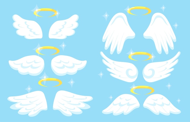 Creative angel wings with gold nimbus flat pictures set