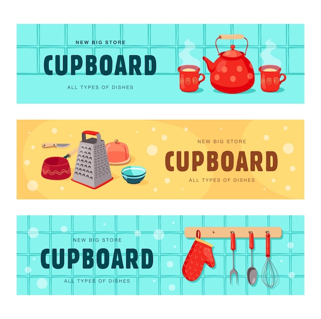 Free Vector creative banners set with dishes for cupboard. banners set with kettle, cups, grater, whisk, oven glove