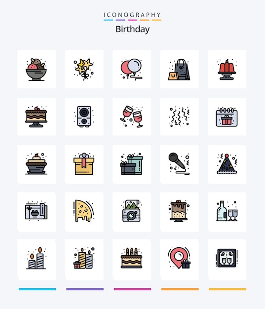 Creative Birthday 25 Line FIlled icon pack Such As cake surprise balloons present bag