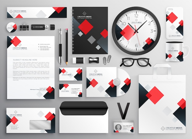 Free Vector creative business stationery collateral set in red theme