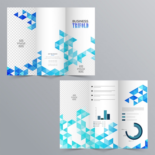 Free Vector  creative business tri-fold brochure with blue abstract geometric design, infographic elements and space to add your images. 