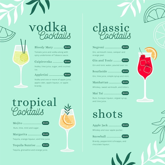 Creative cocktail menu template with illustrations