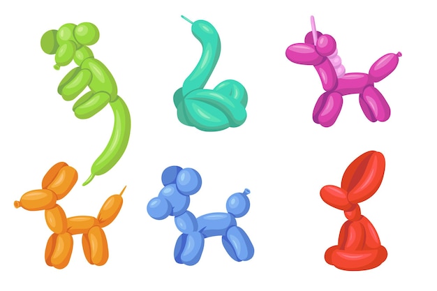 Creative colorful helium balloon animals flat illustration set.