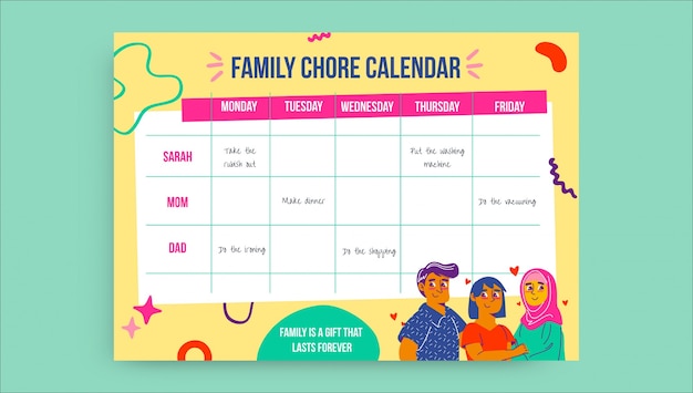 Creative colorful weekly chores family calendar