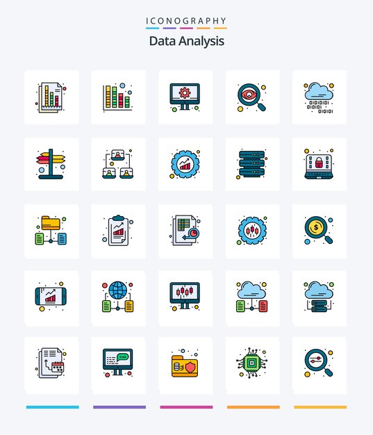 Creative Data Analysis 25 Line FIlled icon pack Such As cloud coding report develop monitoring business