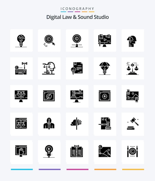 Free Vector creative digital law and sound studio 25 glyph solid black icon pack such as catch borrowing ideas owner law copyright