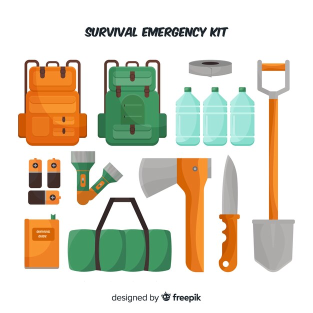 Creative emergency survival kit in flat style