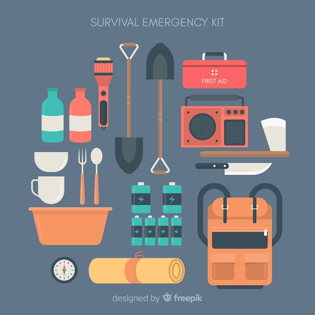 Creative emergency survival kit in flat style