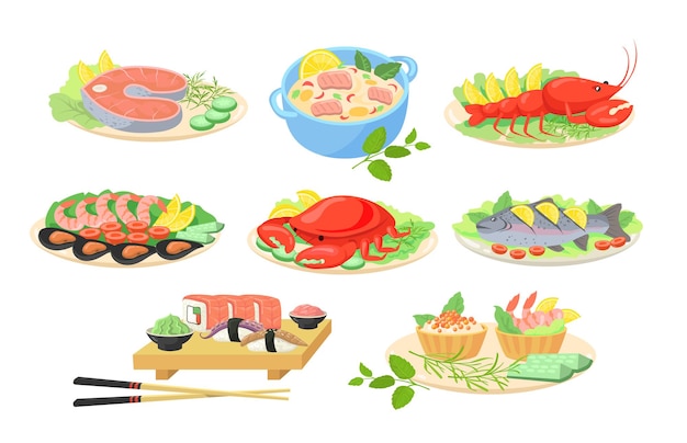 Creative festive seafood dishes flat pictures set