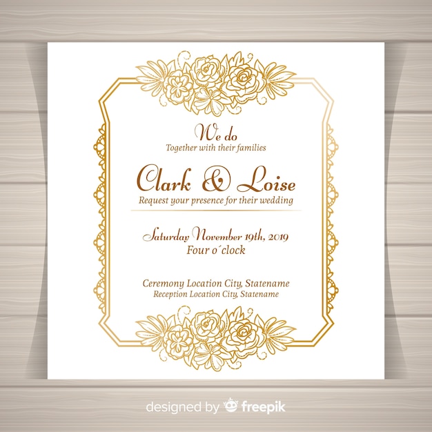 Creative floral wedding invitation template with golden frame