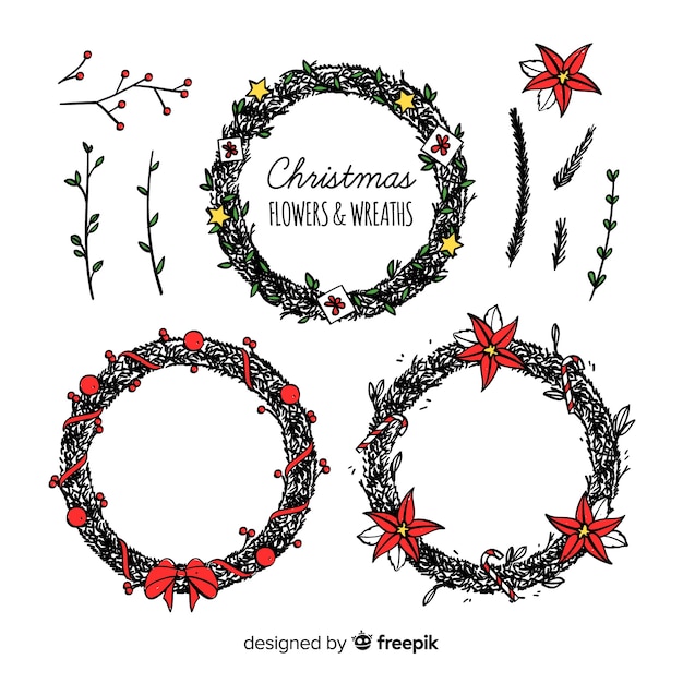 Free vector creative hand drawn christmas flower and wreath collection