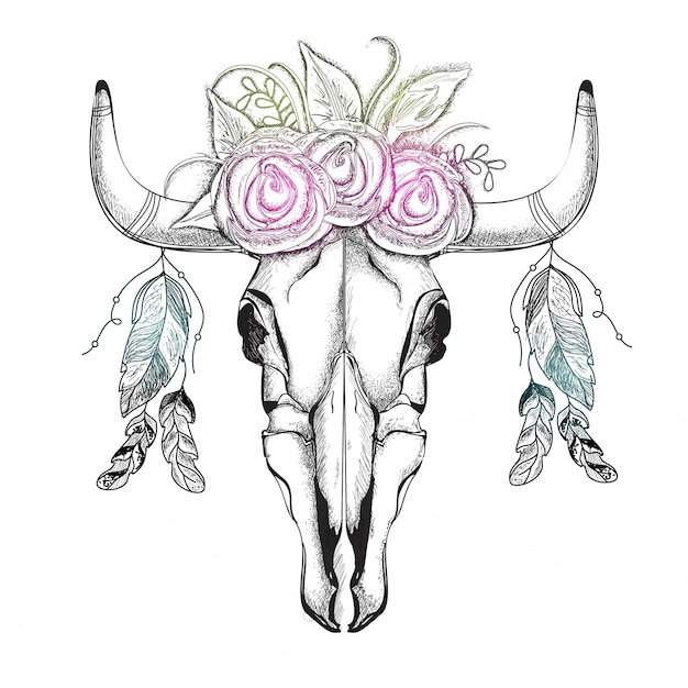  Creative hand drawn illustration of Bull's Head with flowers wreath and ethnic feathers, Boho style element. 