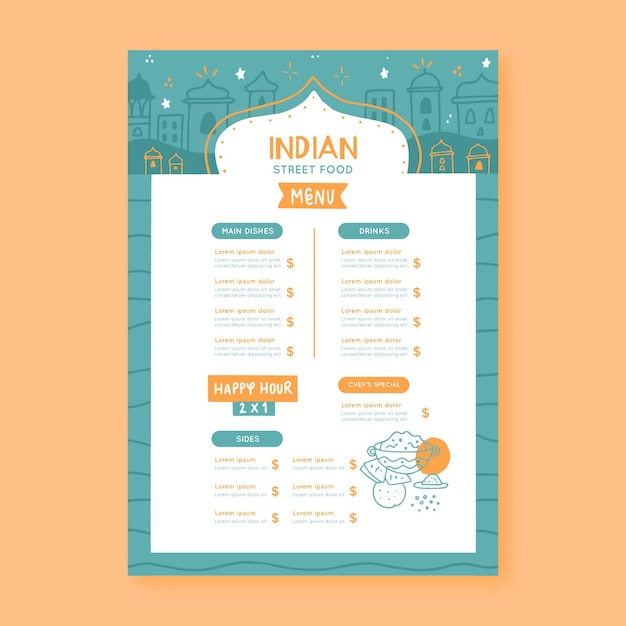 Creative hand drawn indian menu template