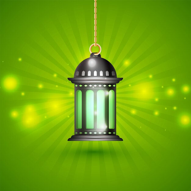  Creative illuminated lantern hanging on glowing green rays background for Islamic Holy Month of Fasting, Ramadan Kareem. 