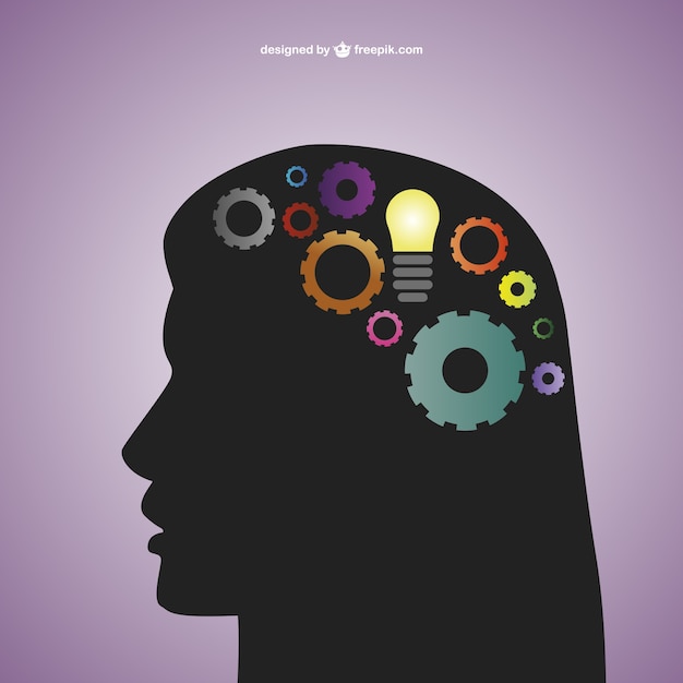 Free vector creative mind with a bulb and gears in her head